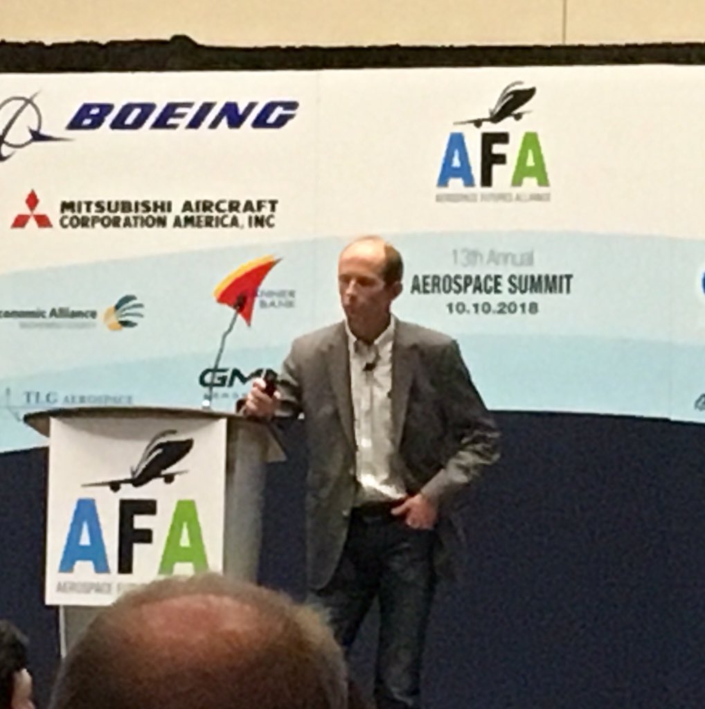 RobinTwyman's tweet photo. Enjoying a great #AFAsummit2018   keynote from @zunumaero’s Matt Knapp explaining their goal to disrupt the aerospace industry with hybrid-electric propulsion for regional flights - and cut aviation emissions by 50% in the process. https://t.co/wzZqnDpOSA