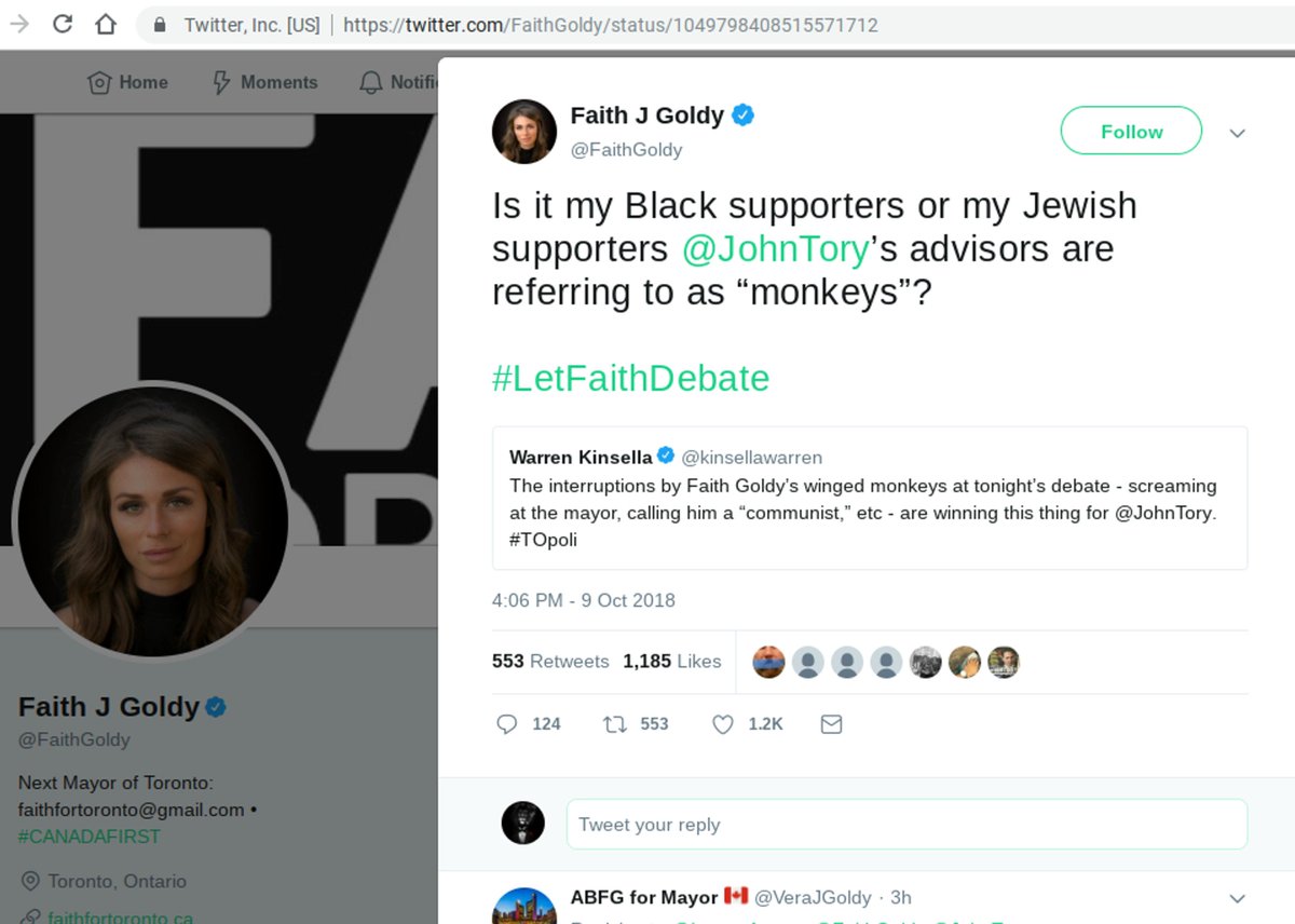 MaxKingsleyEh's tweet photo. @FaithGoldy @JohnTory 😳😂🤣Faith Goldy just 🔥burned🔥herself bad
#cdnpoli #onpoli #TOpoli #NotMayorMaterial
Wherein @WarrenKinsella makes no mention of race or religion but #FaithGoldy automatically starts calling #Black people, and #Jewish people, monkeys!
🐵Faith Goldy, #MayorOfFlyingMonkeys 🐒 https://t.co/vpXvS9sTmK
