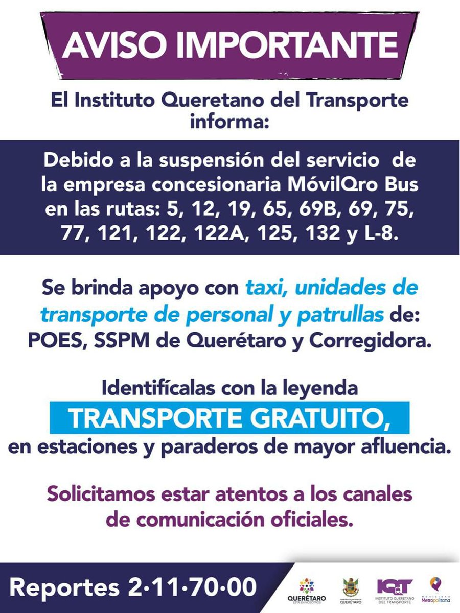 ⚠️ #AvisoImportante⚠️ recordamos que debido a la suspensión del servicio de la empresa concesionaria MóvilQro Bus en algunas rutas, se brindará apoyo con taxi, transporte de personal y patrullas identificadas con la leyenda "Transporte Gratuito" @iqt_redes