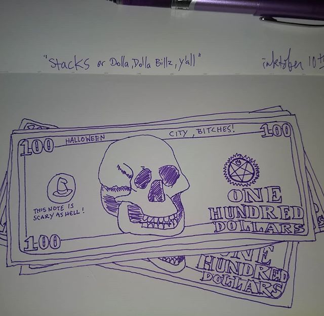 grizlybexar's tweet photo. Inktober 10th.
"Stacks or Dolla Dolla Billz, Y'all"
.
.
#inktober #inktober2018 #money #localartist #TexasArtist #SanAntonioArtist #skulls #PilotPreciseGripPen #Stacks #Hundreds #Pentagram https://t.co/as3oPYnITw https://t.co/8UyLt2e7wa
