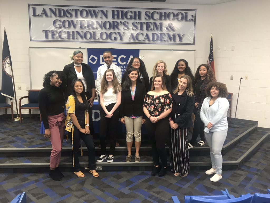 Jenailstoc's tweet photo. Last day of DECA inductions at Landstown! So proud of all of our new members and our awesome leadership team! #LHSStem #raisingthestandard #readyforit @LandstownEagles https://t.co/xoGyB7KpTY