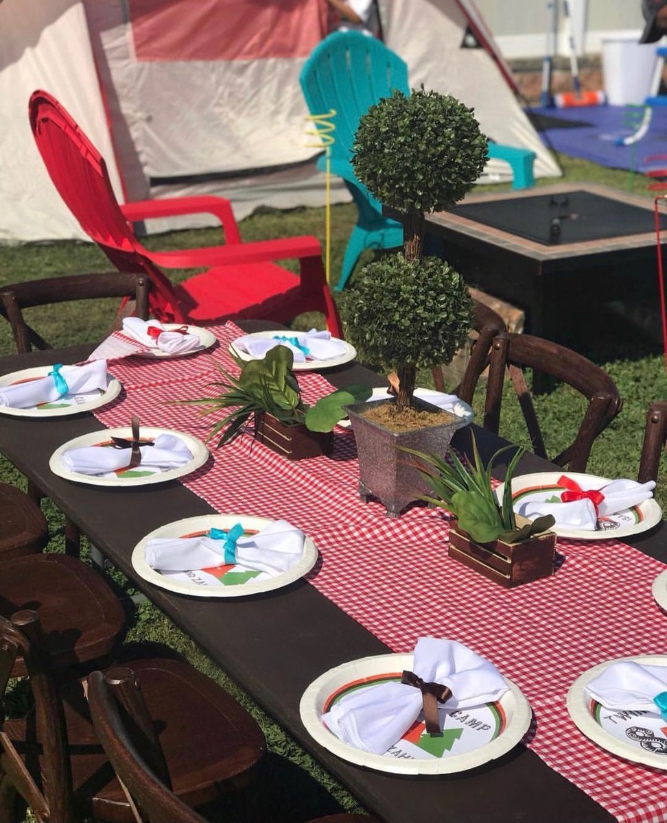 LittleCRentals's tweet photo. 🏕Camping Party by Life Events Decor ⛺️ with our children crossback mahogany chairs and table #boston #partyrentals https://t.co/V4ygy35k34