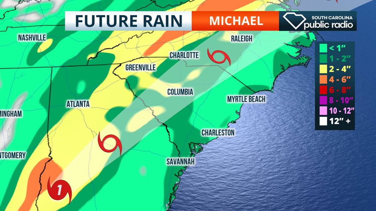 columbiascbuzz's tweet photo. #Michael rainfall totals of 2 to 4 inches expected in #SouthCarolina from I-95 corridor north and west to #Columbia and #Greenville. #SCWX https://t.co/9ED1RL3NAz https://t.co/0MtI2l1fVH