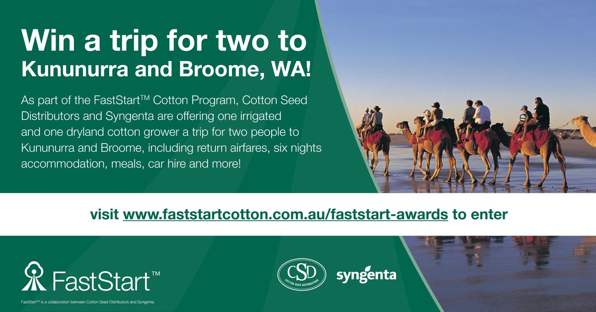 As part of the #FastStart #Cotton Program, CSD and <a href="/SyngentaANZ/">Syngenta ANZ</a> are offering one irrigated and one dryland cotton grower a trip for two people to Kununurra and Broome, WA! 

For details and to enter, visit: faststartcotton.com.au/faststart-awar… …

T&amp;C apply.