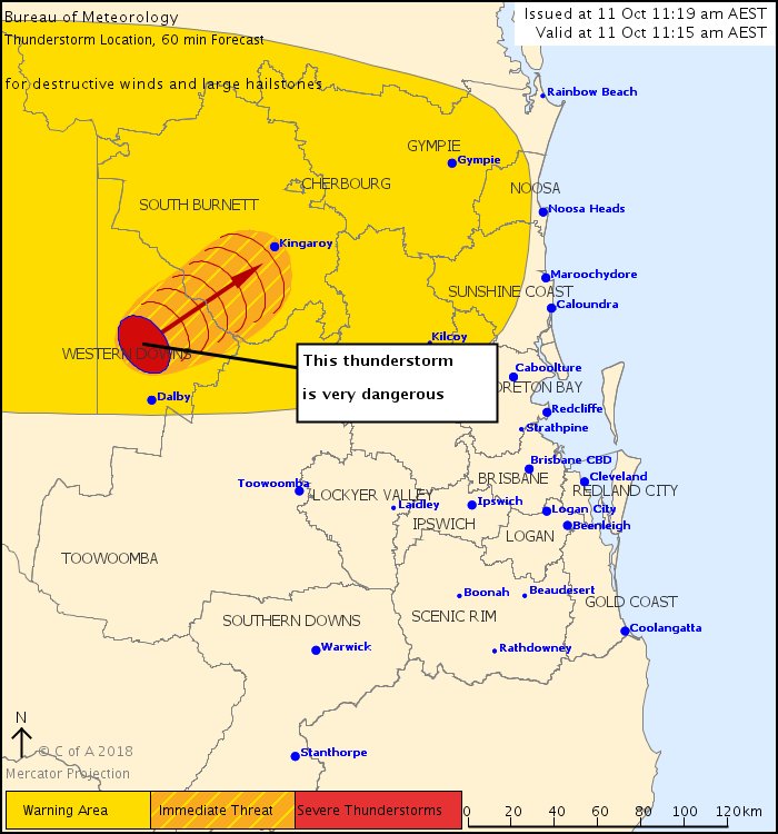 BOM_Qld's tweet photo. ⚠️ Update: The #Qldstorm tracking towards #Kingaroy has been upgraded to very dangerous with destructive winds and large hail possible. Stay up to date with warnings: https://t.co/EwfCqp9Aru https://t.co/6T9Xsrgqch