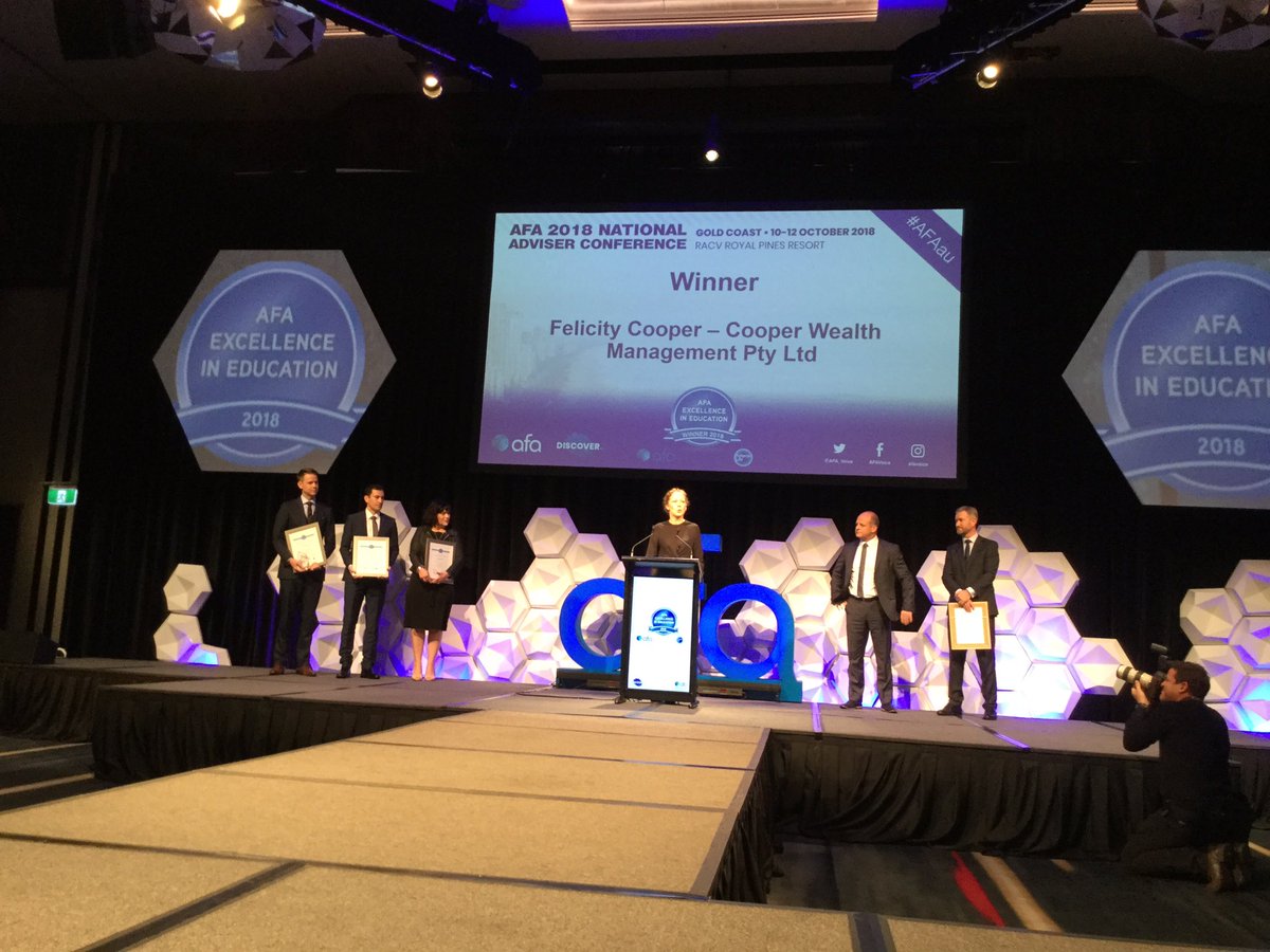 DiannaGoss's tweet photo. Big Congratulations to Felicity Cooper from Cooper Wealth Management for Winning the 2018 AFA Excellence in Education award.  @AFA_Voice Looking forward to watching you lead by example as we navigate the next 12 months!  #AFAaudanile https://t.co/thDzhRJcRe