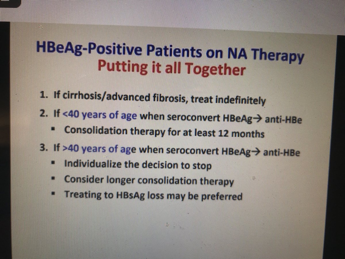 SAIRABT's tweet photo. #HBV #hepatitisB chronic HBV #CHB #HBeAg positive: tx indefinite if cirrhosis. <40 yr: 1 yr post Seroconversion; >40 yr: case by case ?longer; drugs #TDF #TAF #entecavir #ETV #medED #IDweek2018 @IDWeek2018 https://t.co/cxayi6yFlA