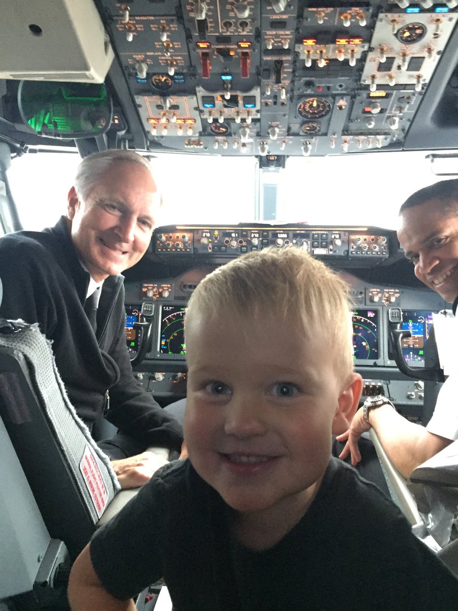 HeatherRSamson's tweet photo. @AmericanAir  Thank you for A+ service today. We missed our connection at ORD and getting rebooked was painless and easy. Then on flight 349, the crew took exceptional care of us, including letting my son visit the cockpit and even say hi over the speaker. One very happy boy! https://t.co/D6lhtqNI9d