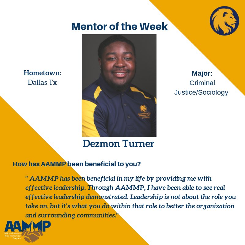 TAMUCAAMMP's tweet photo. This week we would like to shoutout Dezmon Turner and Evans Dennis as our Mentor and Scholar of the week. These young men have exemplified what it means to lead and truly grow through Mentorship by being a part of AAMMP.  Help us celebrate them! #TAMUC #Scholarsoftheweek #AAMMP https://t.co/afQhdvzxKv