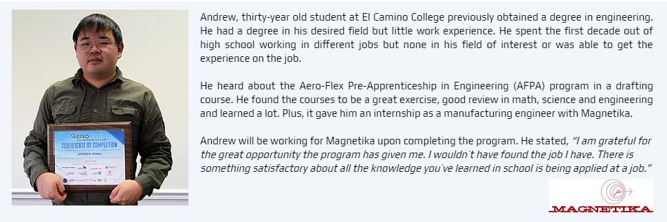 SouthBayJobsCA's tweet photo. #WIOA funded workforce boards provide the link between manufactures' needs and qualified job seekers, building our nation's economy. We invite you to read Andrew's success with #Magnetika through the #SBWIB #AeroFlex program
#WorkforceWednesdays https://t.co/MrbsU00x0l