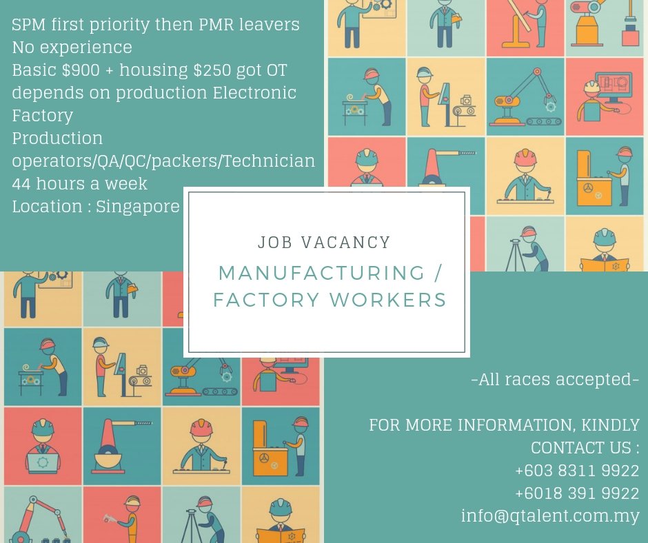 apqtalent's tweet photo. Manufacturing / Factory Workers 👷‍♂️👷‍♀️
Send your resume at info@qtalent.com.my
For more information, kindly contact us +603 8311 9922 and +6018 391 9922
@haikerja @JobVacanciesKLG @kerjakosongla @infokerjaya @iniKerjaKosong @MauKerjaMY @Oh_KerjaKosong @sebarkerja https://t.co/wURAdD92pn