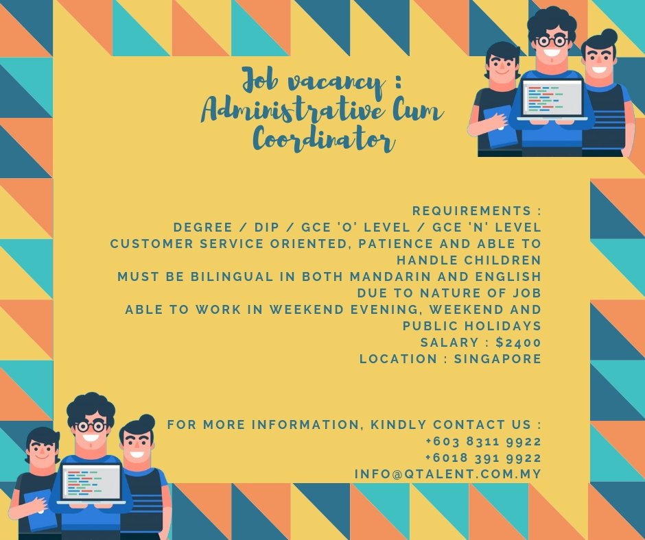 apqtalent's tweet photo. Administrative Cum Coordinator - School Needed 👱‍♂️👱‍♀️
Send your resume at info@qtalent.com.my
For more information, kindly contact us +603 8311 9922 and +6018 391 9922
@haikerja @JobVacanciesKLG @kerjakosongla @infokerjaya @iniKerjaKosong @MauKerjaMY @Oh_KerjaKosong @sebarkerja https://t.co/kO1AFsGrmd