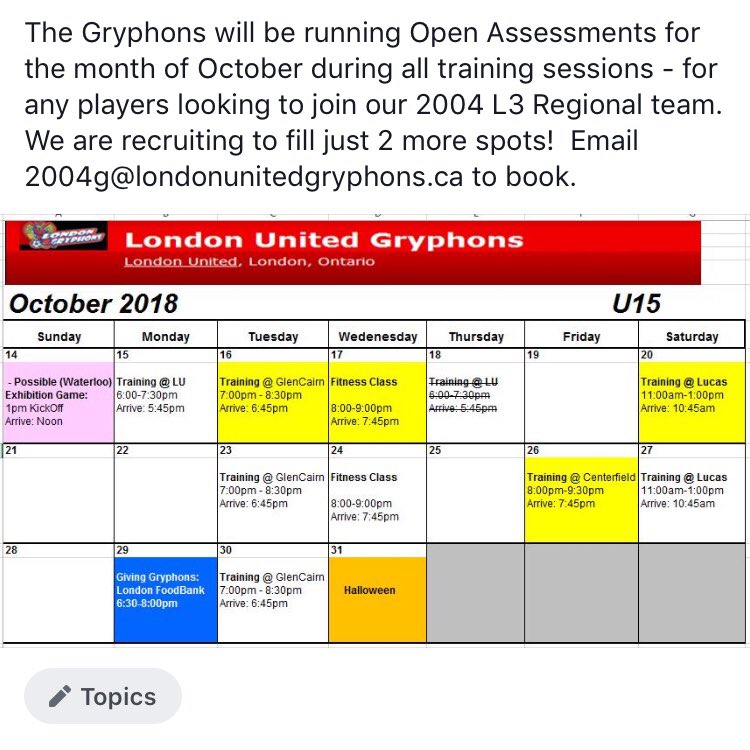 LUGryphons's tweet photo. Open Assessments for the 2004 L3 Regional Girls soccer team!  We have just 2 spots to fill.  Email: 2004g@londonunitedgryphons.ca to book, any training session in October. https://t.co/3jLWAl1wwM