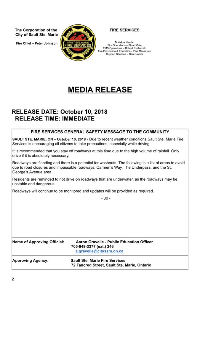 ATTENTION: @SaultFire General Safety Message to the Community https://t.co/QF8r5FLTrv