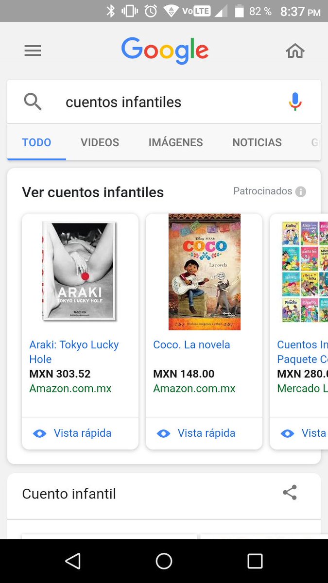 Arlette2810's tweet photo. @googlemexico @RobinTeutli Estimados por favor les pido su apoyo para corregir este contenido, buscando un cuento infantil para mi hijo, que por cierto estaba a mi lado nos arrojó los siguientes resultados. Favor de checar https://t.co/aHP8TYgJBa