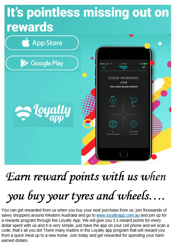 TyresPerth's tweet photo. Loyalty App now available, sign up with our LOYALTY APP in store and earn reward points with us when you buy your tyres and wheels.
#loyaltyapp #zippay #tyres #osbornepark #belmont #claremont stores. https://t.co/hYCKL3hm9B