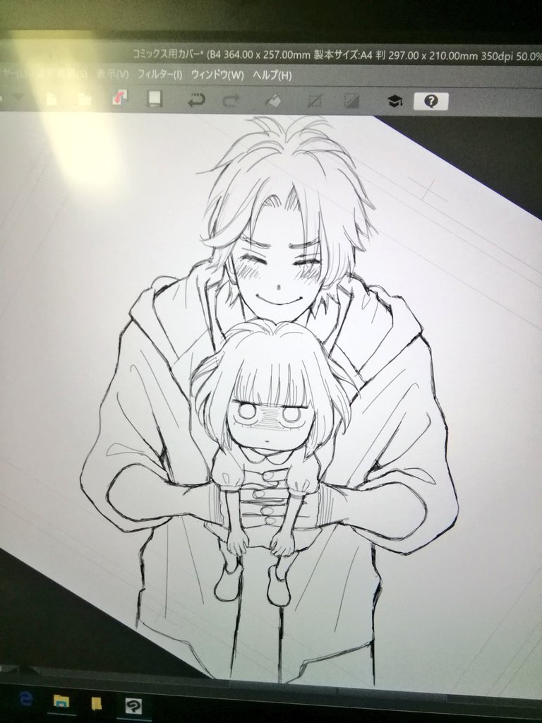 ワンハニ②巻のカバーや描き下ろしの下絵は、デジタルで描いてみました。ペン&amp;仕上げはアナログ。
いつも拡大、縮小、反転させたりとコピー用紙が何枚にもなるので、とても机がスッキリでした✨楽しいですね❗ 