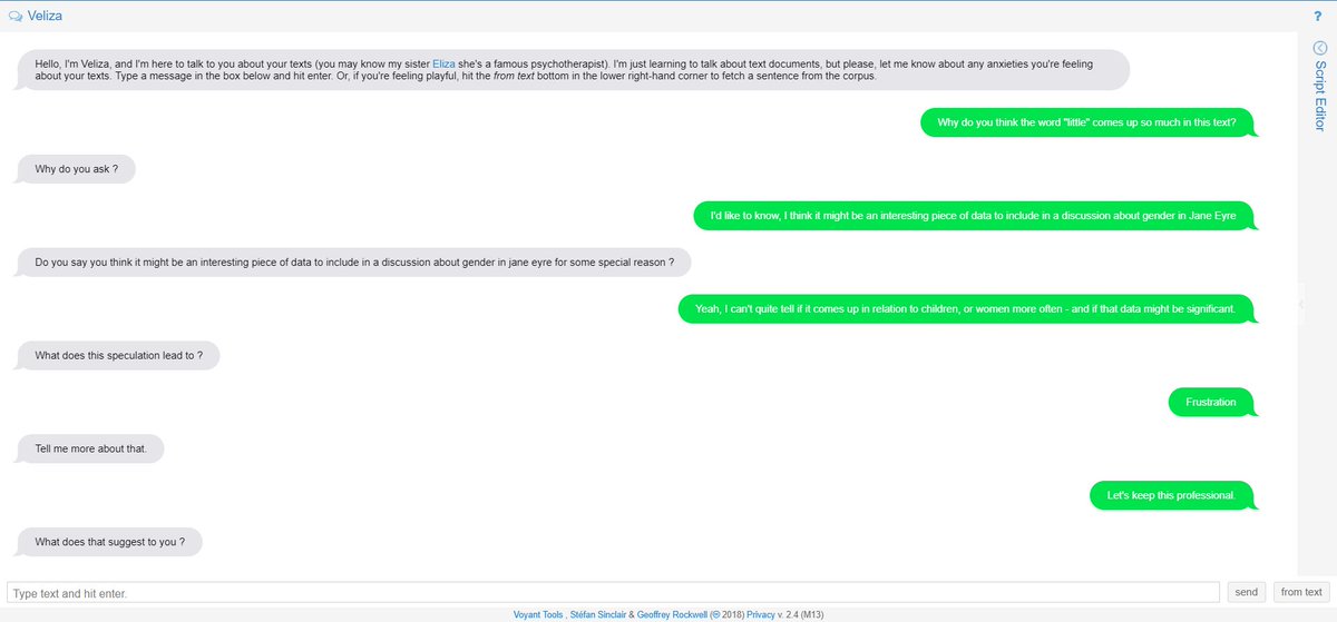 tadgh_w's tweet image. @VoyantTools features some really interesting tools, including an automated research assistant similar to Eliza. Veliza may just be my new best friend. #en6105 #robotbuddy