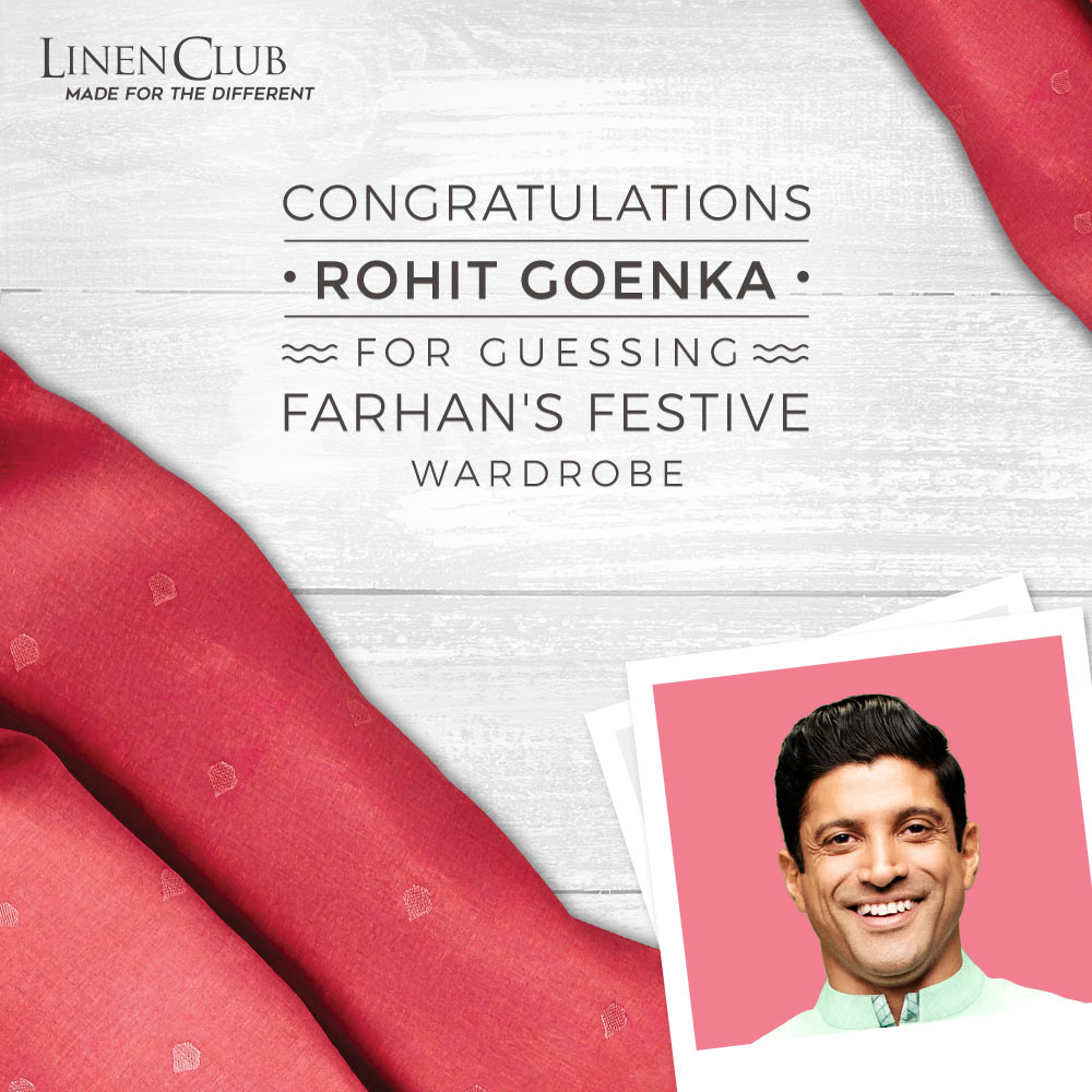 LinenClub's tweet photo. Congratulations on correctly guessing Farhan Akhtar's impressive festive ensemble in our latest TVC. Kindly inbox us your contact details to receive your hampers. @lib_1987 
#DifferentIsImpressive #DifferentIsLinenClub #MadeForTheDifferent #LinenClub https://t.co/XcYE83Xu1U