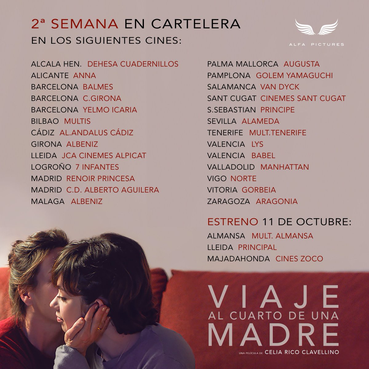 Ya tenéis plan para el puente de Pilar 😉 !! No pierdas la oportunidad de disfrutar de la joya Indie de la temporada. 2da semana EN CINES! de #Viajealcuartodeunamadre! #loladueñas #annacastillo #celiarico @CinesRenoir @UnionCineCiudad @Cinemes_Girona @cineslys @SadeCines.