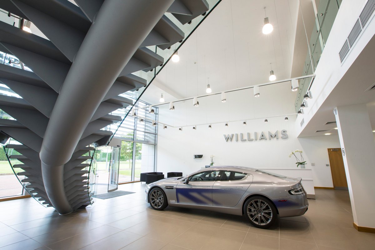 The Aston Martin Rapide E electric car in the Williams Advanced Engineering reception lobby