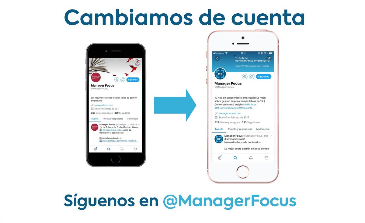 ManagerFocus_'s tweet image. ⚠️Cambiamos de cuenta. Siguenos en @managerfocus
Nuevo diseño y más contenidos

Lo mejor sobre gestión en poco tiempo

Libros en 15' | Porque tu tiempo vale #MFLibros
Conversaciones | Una cita con los mejores expertos #MFConversaciones
Insights | Siempre al día #MFInsights