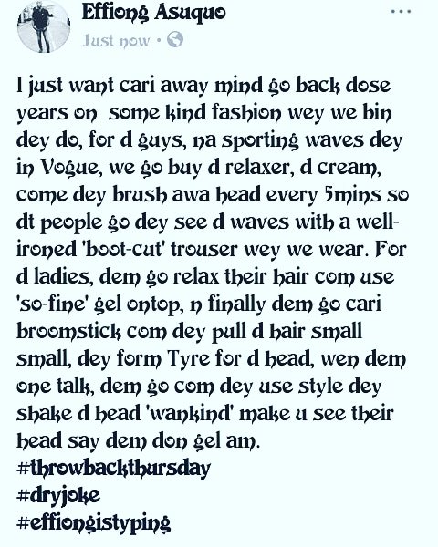 EtteteTweet's tweet photo. OLD SCHOOL FASHION!!!
#dryjoke #effiongistyping #oldschool #throwback #bootcutpants #gel #jellycurls #funny #joke #comedy #lindaikejisblog #infong #today https://t.co/ebuU5CQrbL