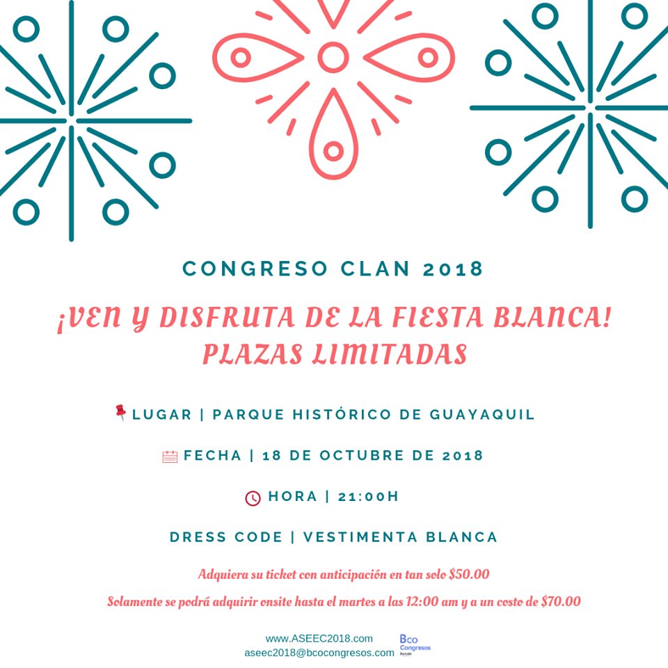 ASEEC2018's tweet photo. 📣Adquiera su ticket para la💃#FIESTABLANCAASEEC18 organizada por @ASEEC2018 en tan solo $50.00
- Si adquiere el ticket el día de evento 👉(jueves, 18 de octubre) este tendrá un costo de $70.00 "

➡️Inscríbase través del formulario de inscripción general: https://t.co/4oUgIAZZ7z https://t.co/9govsb4yfs