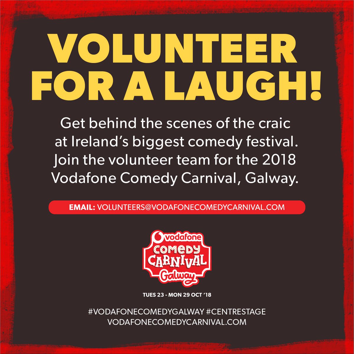 UniOfGalwaySU's tweet photo. Interested in cheap or free tickets for #VodafoneComedyCarnival ? 

✅Call to the Socs Box #NUIGalway to buy cheap tickets. 
✅Volunteer with the festival to see the shows for free. 
✅Head over to Sult NUI Galway Facebook page to win a VIP night for 8 people at the festival! https://t.co/kio1ivSWEK