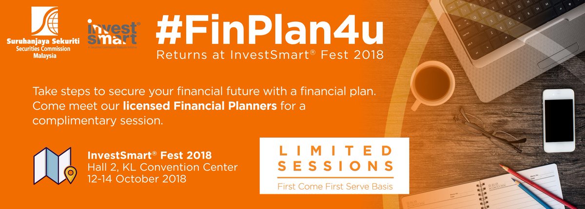 SecComMalaysia's tweet photo. Get a FREE initial assessment of your financial status, tips on how to manage savings and investment, with a licensed financial planner only at #InvestSmartSC Fest 2018. Find out more: https://t.co/i46Ca97dl4
#FinPlan4U #ISF2018 https://t.co/QZE0ClWadM