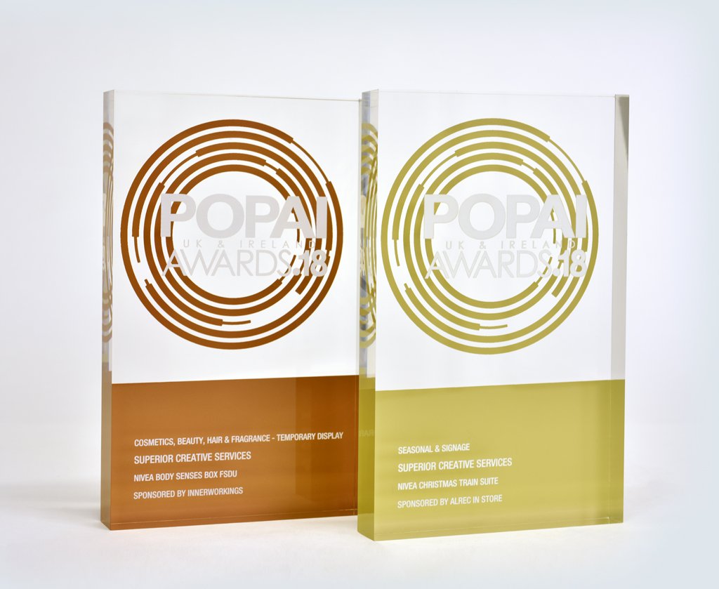 superiorcreativ's tweet photo. Here they are, in all their glory. Our 2018 @popaiuki #awards – We picked up a Gold in the Seasonal &amp; Signage category and Bronze in the Cosmetic, Beauty, Hair &amp; Fragrance Temporary Display category. Thanks to everyone involved! https://t.co/RayiwoLnva