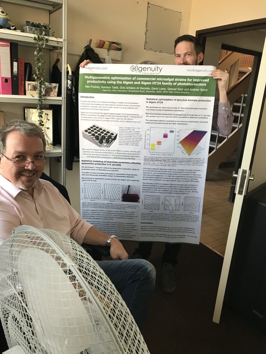 algenuity's tweet image. Excited that our poster has arrived for #algae2018 in Houston. Thanks to the lab team - your data looks great! Come visit us at Booth 416 to learn more about algal process optimisation! #teamalgae #spirulina

(Thanks to @Scienceposters for the quick turnaround!)