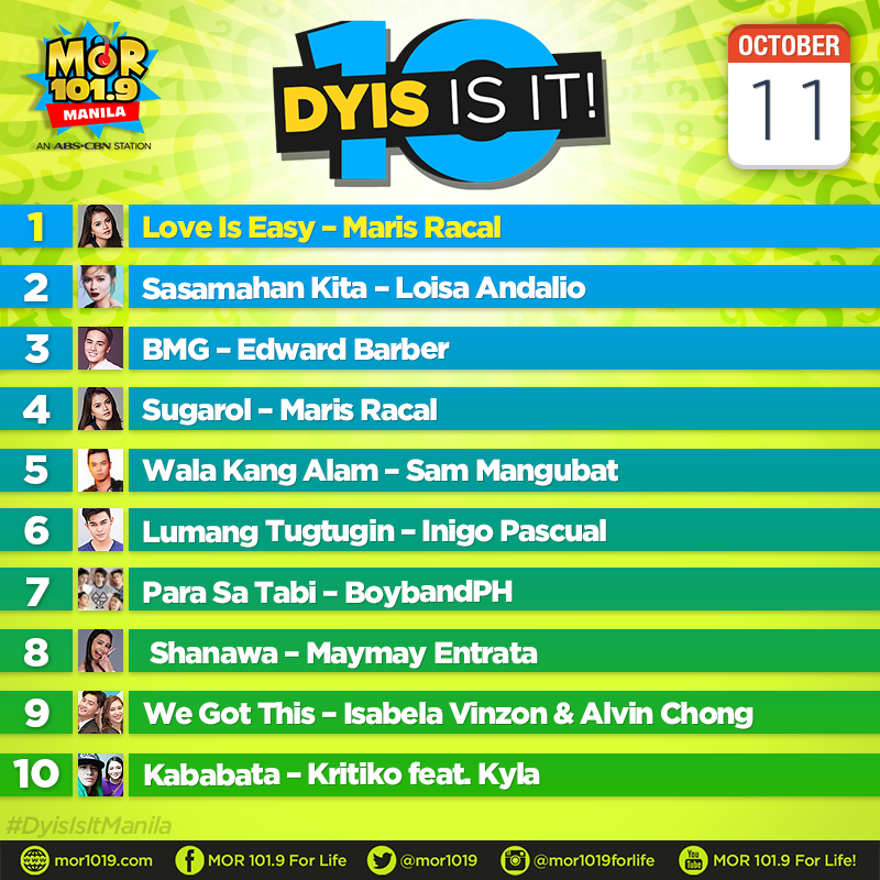 MORentPH's tweet photo. Ang mga kantang pasok sa ating #DyisIsItManila Countdown ngayong araw, October 11, 2018. https://t.co/zX2Kpi30Jz
