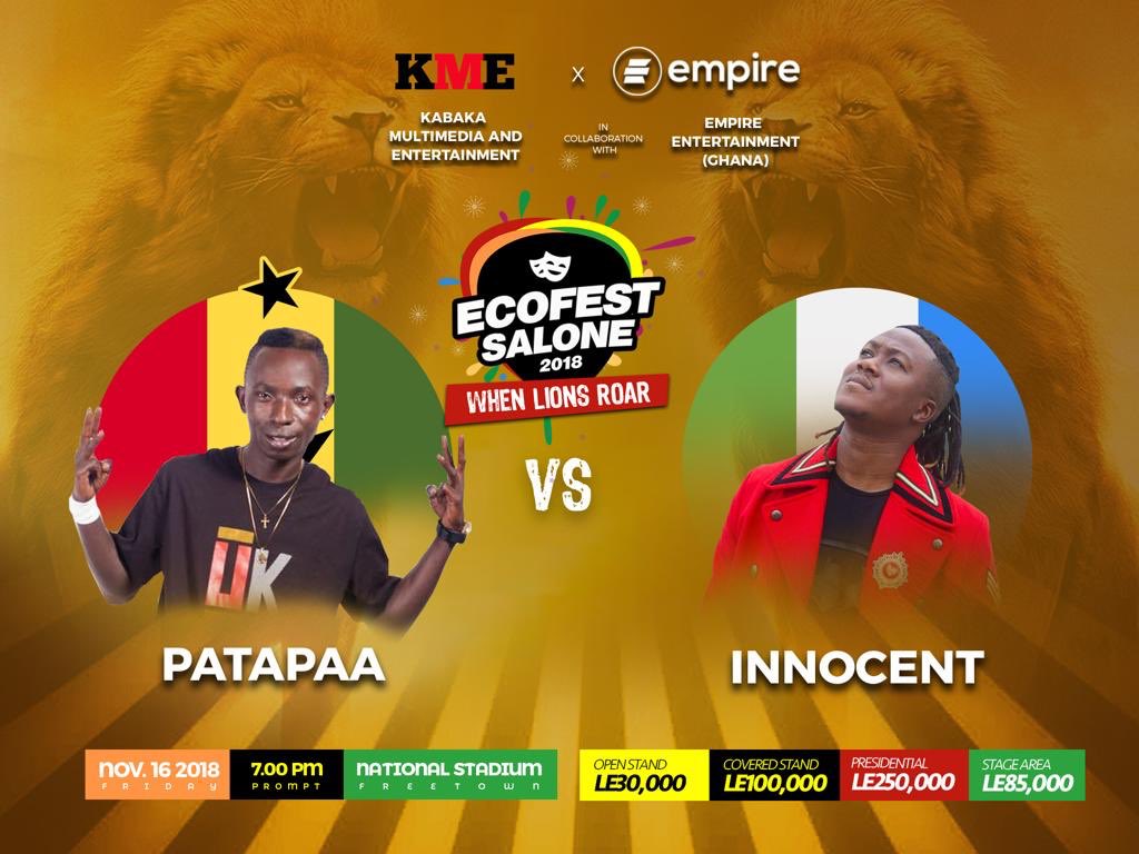 ecofestsl2018's tweet photo. @PatapaaGh vs #Innocent. Tough decision as to who will be the winner. #Patapaa’s of the One Corner Fame. #Innocent Fela Kuti has runs Freetown East Coast with countless hits. The people would love this contest. Only at @ecofestsl2018 #November16th @NationalStadium #Freetown https://t.co/S7NqgFApBg