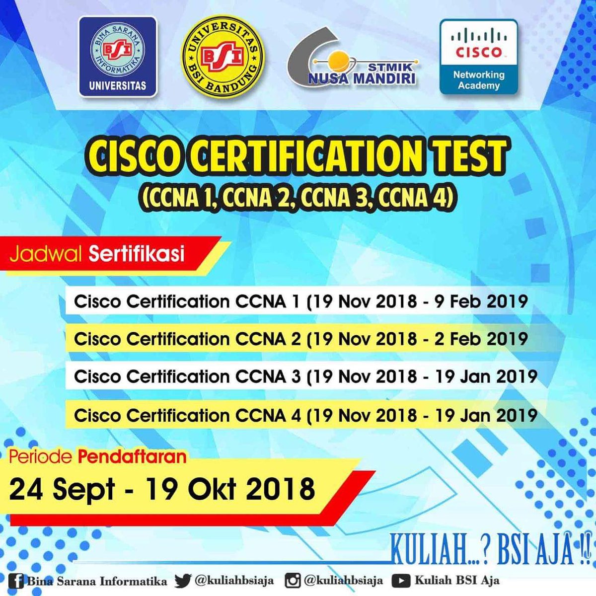 INFO UBSI
.
Pendaftran CISCO di PERPANJANG , jadi buat sobat UBSI yang belum daftar Segera yah 👌😉
.
<a href="/kuliahbsiaja/">Universitas Bina Sarana Informatika</a> #ubsitasikmalaya #cisco #ciscobsi #universitasbinasaranainformatika