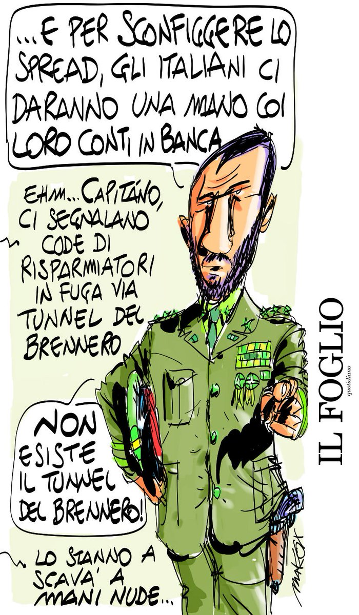 ilfoglio_it's tweet photo. Di #spread #TunneldelBrennero e risparmi degli italiani. Il Capitano visto da @makkox. Qui trovate tutte le vignette e le illustrazioni realizzate per il Foglio https://t.co/zkrTIquCSQ https://t.co/QbA4s94CMH