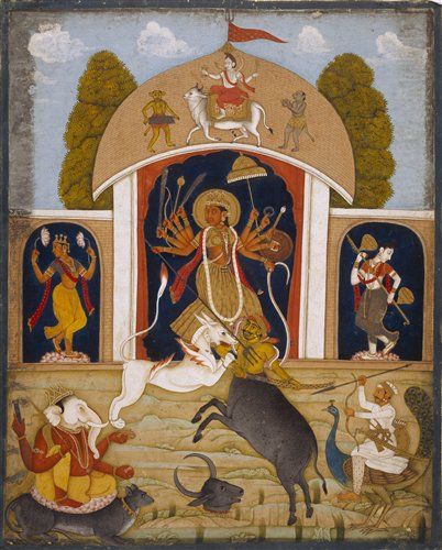  #Durga c. 1775  #Bengal  #Goddess depicted as central figure, attacks  #buffalo  #demon  #Mahishasura. Two  #yoginis  #Shiva on  #Nandi appears on main  #arch while  #Ganesha &  #Kartikeya join the Goddess's struggle #Navratri #MahishasurMardini