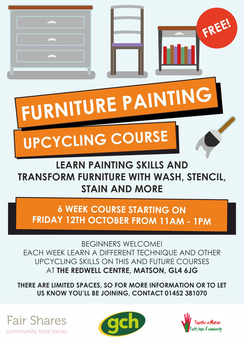 smartishares's tweet image. Come and learn how to transform old furniture and create new painted and decorated items. New course starting 12 October at Redwell Centre Matson.  All FREE. What could be better. Call Vanessa 01452 381070
