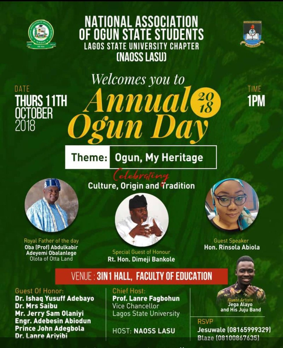 LasuNaoss's tweet photo. We Welcome All Our Distinguished Guests to Ogun Day Celebration 2018

Welcome 
😊
Welcome 
😊😊
Welcome 
😊😊

@LASUOfficial @Archimedes2014 @PrinceADEJOHN @RinsolaAbiola @PSYCHENIOBANKE @AmusaAdebayo 

Omo Ogun! 

Ise Ya ❤🎈🎈🎈🎈🎈 https://t.co/QOuDy5oUiT