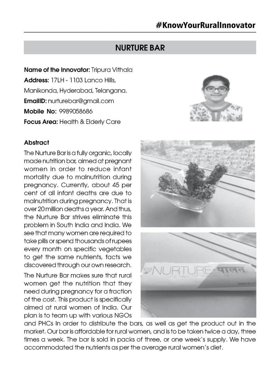 NIRDPR_India's tweet photo. #KnowYourRuralInnovator #DayOfTheGirl Special
Learn more about Ms. Tripura Vithala's #Nurture Bar for #Pregnant #Women #Nutrition
#RISC2018 #startups #rural #innovation #entrepreneur #idea #tech #Mothers #startup #smallbusiness #Incubators #RuralIndia #Pregnancy #Malnutrition https://t.co/ITdxGRu51q
