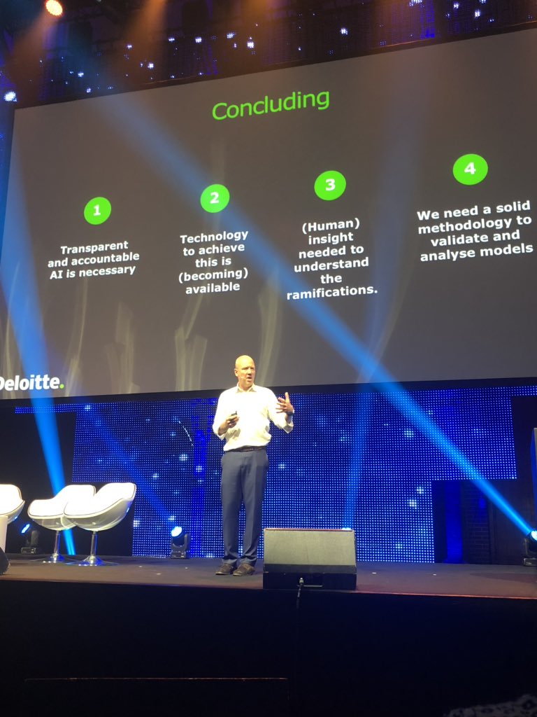 #EvertHaasdijk what we need is transparent, accountable #AI , human insight to investigate if all the data is taken into account &amp; is unbiased, methodology to validate &amp; analyze the #ai and we need the technology to do this to be available <a href="/Deloitte/">Deloitte</a>