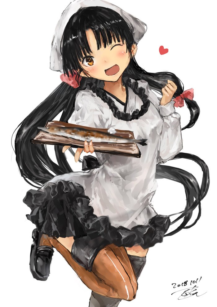 shouhou (kancolle) 1girl kappougi solo black hair long hair apron one eye closed  illustration images