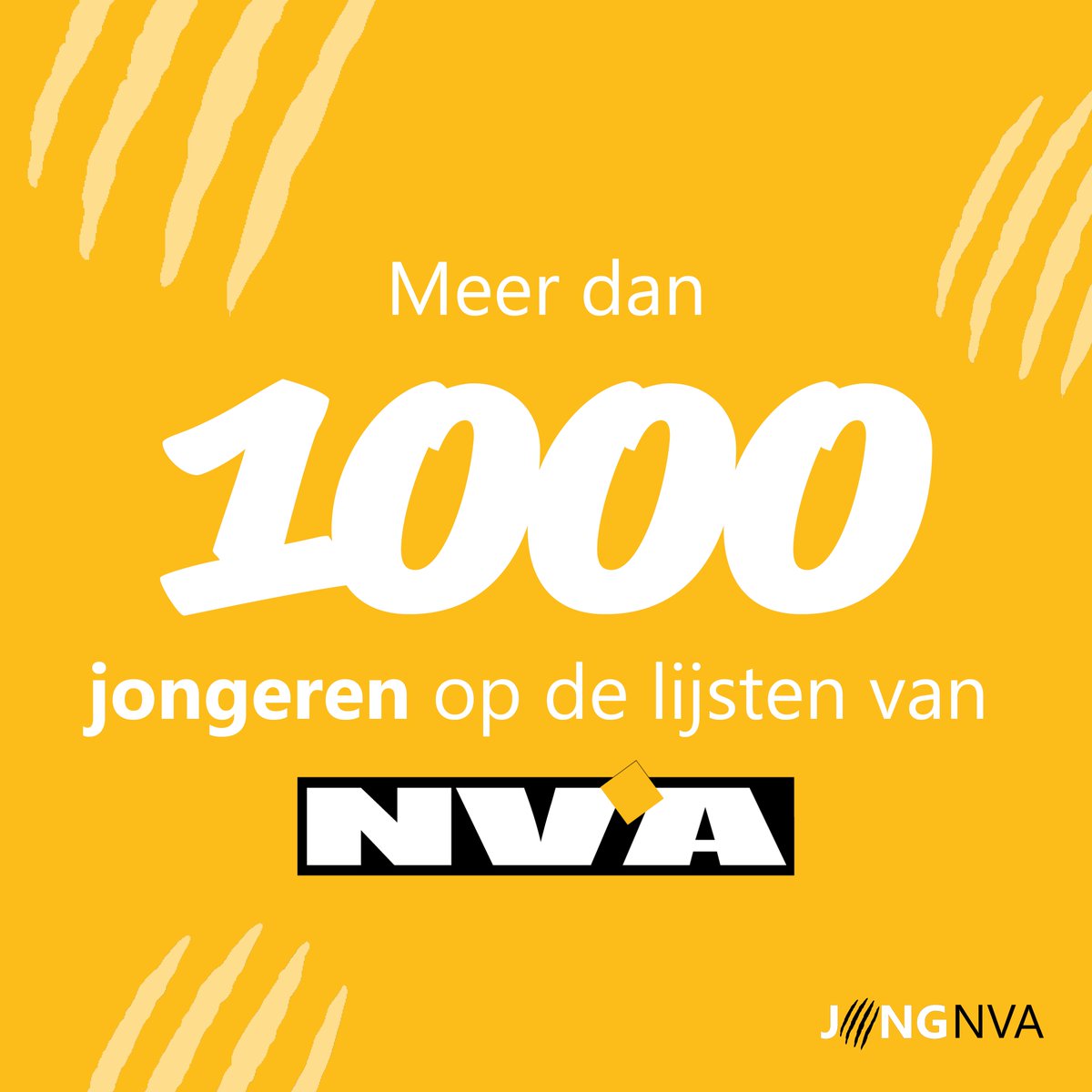 Jongnva's tweet image. Meer dan 1000 jongeren op lijsten van @de_NVA! Gemiddelde van 3 jongeren per gemeente. Ook nog 15 lijsttrekkers, 80 jongeren in de top 3 en nog eens bijna 100 jongeren die de top 5 vervolledigen. Jong N-VA is klaar om de gemeentepolitiek te veroveren! #stemjong