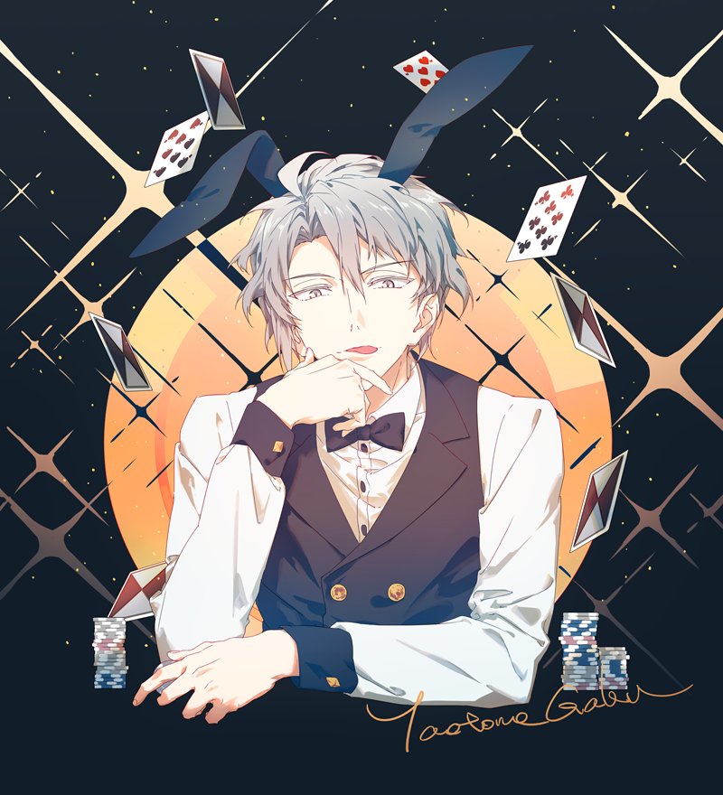 1boy animal ears male focus card rabbit ears playing card bow  illustration images