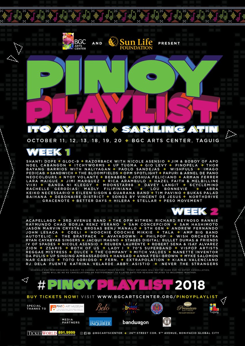 SunLifePH's tweet photo. GIVEAWAY ALERT! Sun Life proudly presents #PinoyPlaylist2018 Music Festival at the BGC Arts Center. RT this post and tag a friend for a chance to WIN fest tickets! Tag @sunlifeph @bgcartscenter And use the hashtag #pinoyplaylist2018. We will pick six (6) winners today! https://t.co/N4Euuz81wW