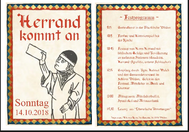 Schon gehört? Am suntac, dem 14. Oktober 2018, lässt Wildon meinen werten Schwiegersohn hochleben, weil dort seine #dichterleben-Ausstellung neu eröffnet wird. Meine  Ausstellung wird übrigens 2019 in Frauenburg-Unzmarkt eröffnet –  hoffentlich mit einem ähnlichen Spektakel!