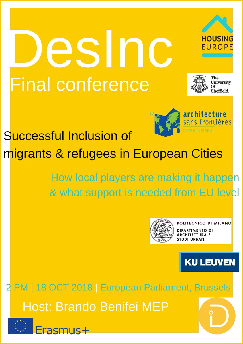 What does the successful inclusion of migrants &amp; refugees take? #Housing providers, #architects, #planners &amp; policymakers come together for this co-productive, experience-based <a href="/DesIncProject/">Desinc Live</a> event. A few seats still available, last day for you to register bit.ly/2MaZ4Wm