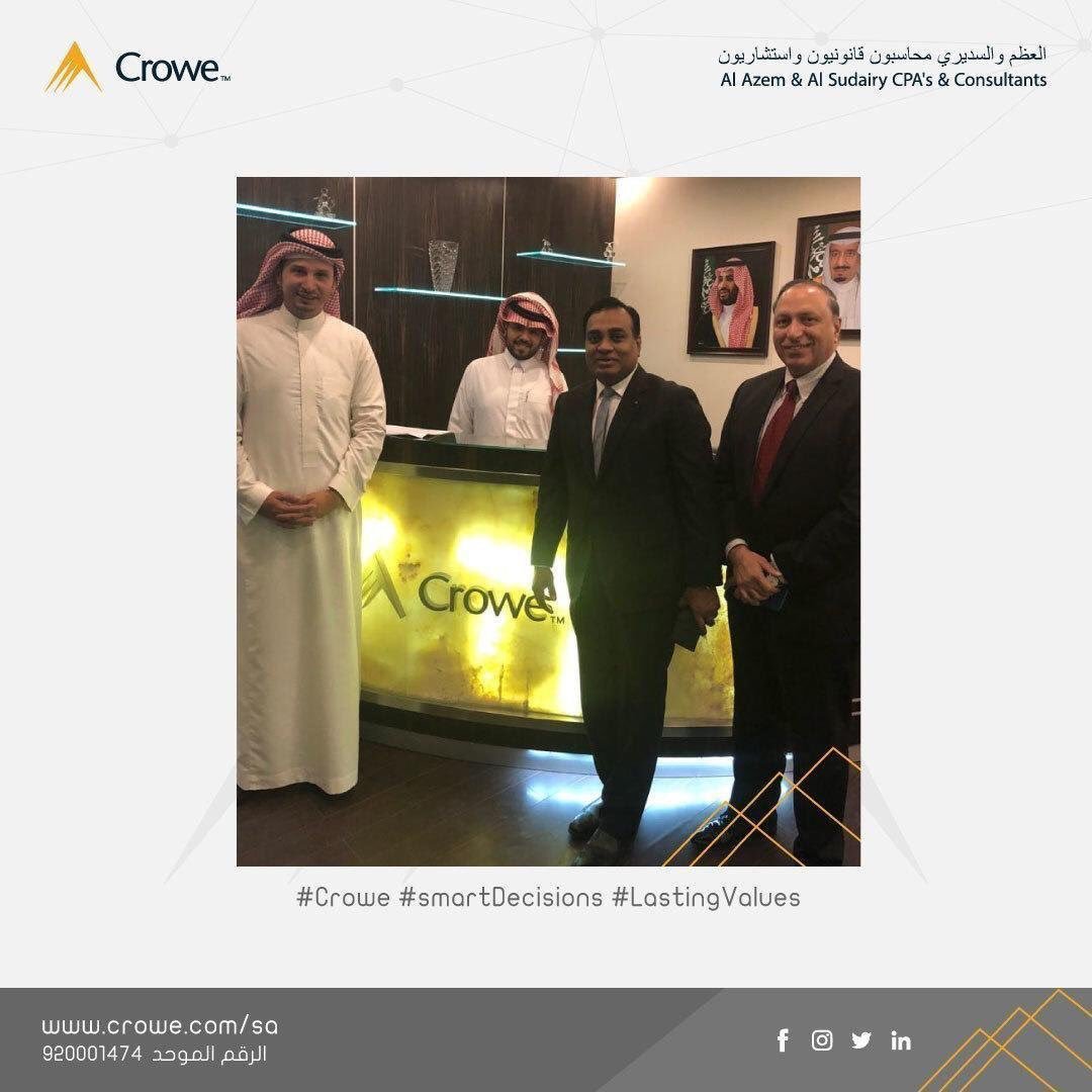 CroweKSA's tweet photo. Great meeting in our #KSA Riyadh offices with Mr. James Mathew & Mr. Advil Buharwialla from #UAE Dubai firm studying bright opportunities across the group!
#Crowe #smartDecisions #LastingValues https://t.co/jNsdFR8fiQ