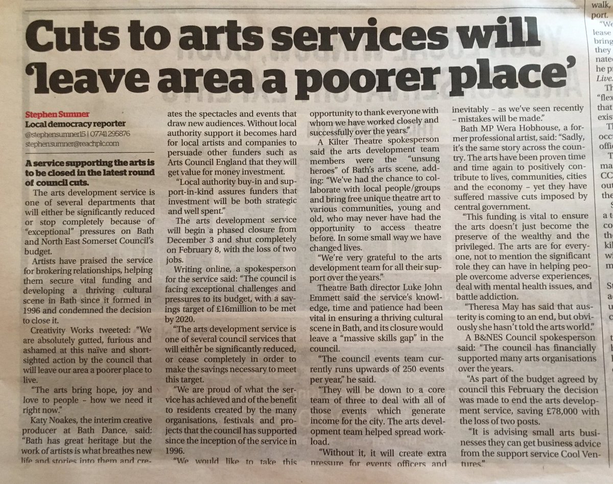 Great coverage about the closure of B&amp;NES ARTS DEVELOPMENT DEPARTMENT in <a href="/bathlive/">Bath Live</a> today. Thanks <a href="/StephenSumner15/">Stephen Sumner</a> for the article and please do let us know when it’s online and we’ll share from there as well.