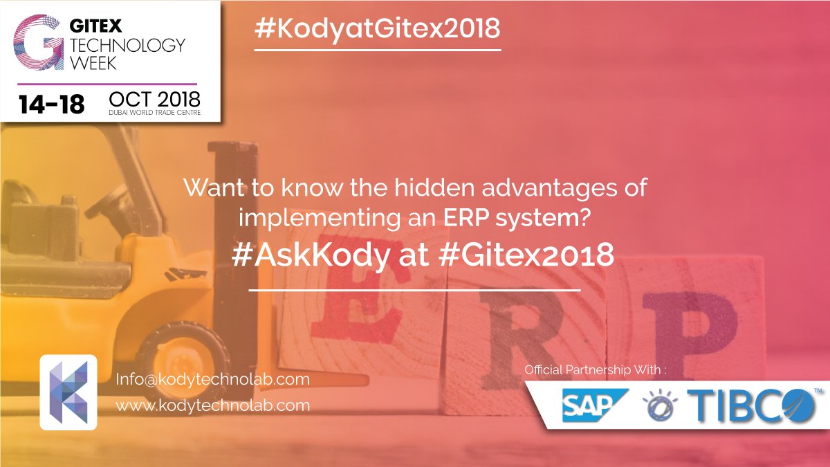 #AskKody all about the hidden advantages of an ERP system! 

#Gitex #SAPPartner #IBMWatsonpartner #Tibcopartner #KodyatGitex #Gitex2018 #Dubai #AskKody

Book your suitable time at goo.gl/forms/0MKSVxBT…